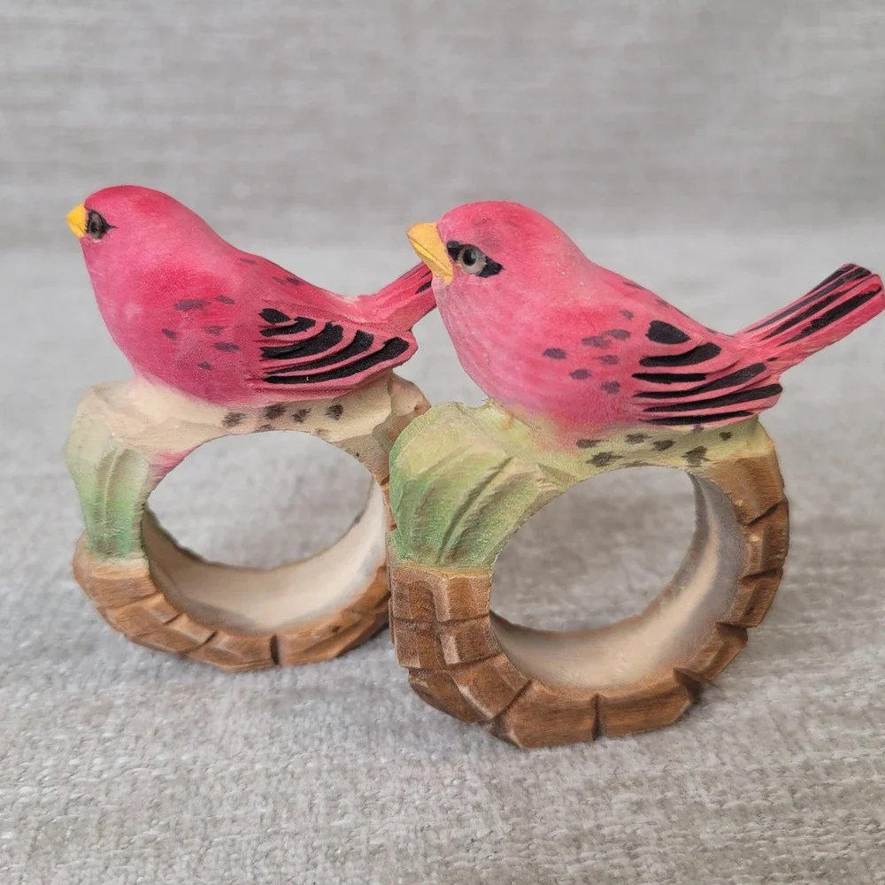 Hand Carved Wood Bird Napkin Rings Set of 8 Colorful Songbird Table Decor Rustic